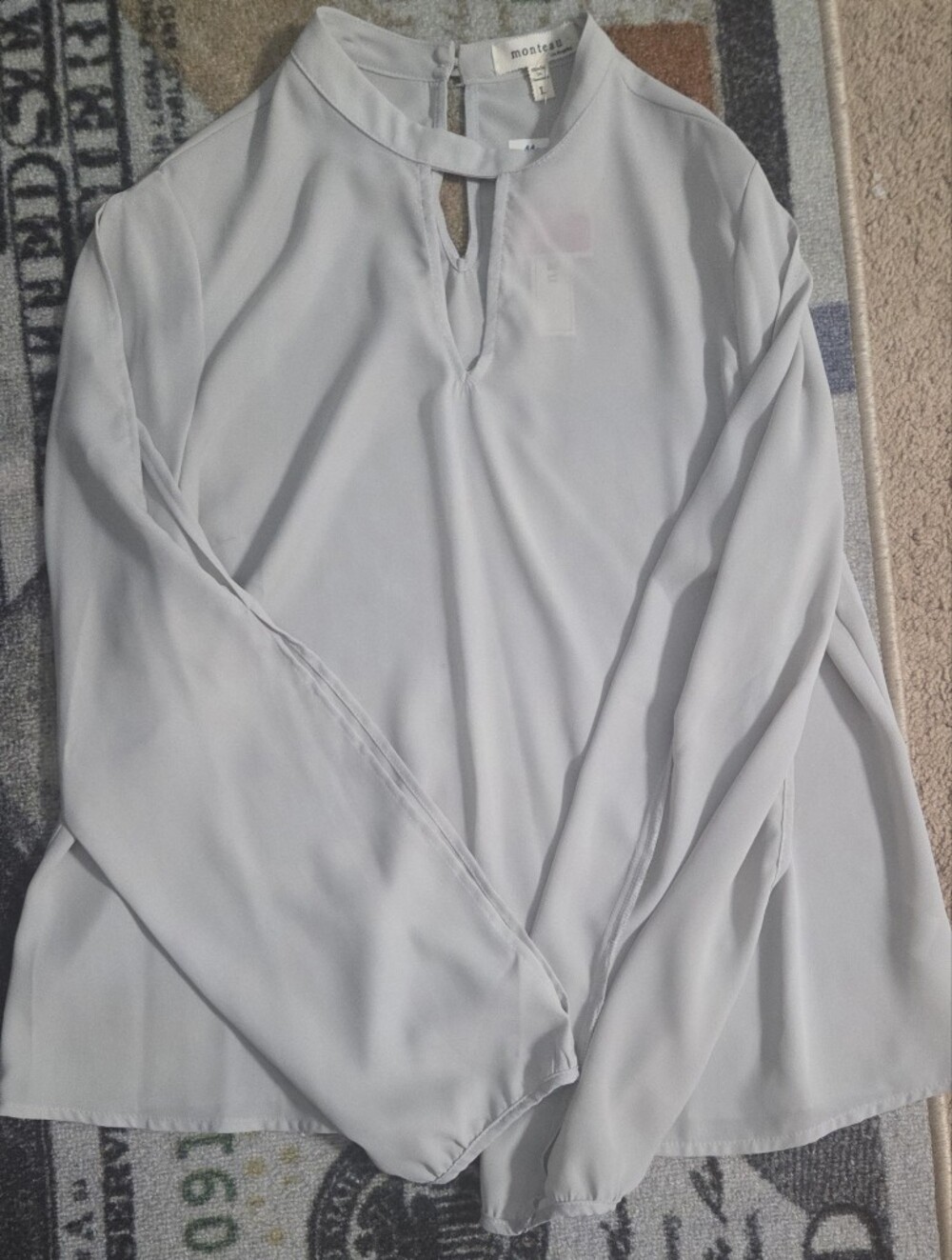 Monteau Grey Long Sleeve Split Neck Blouse